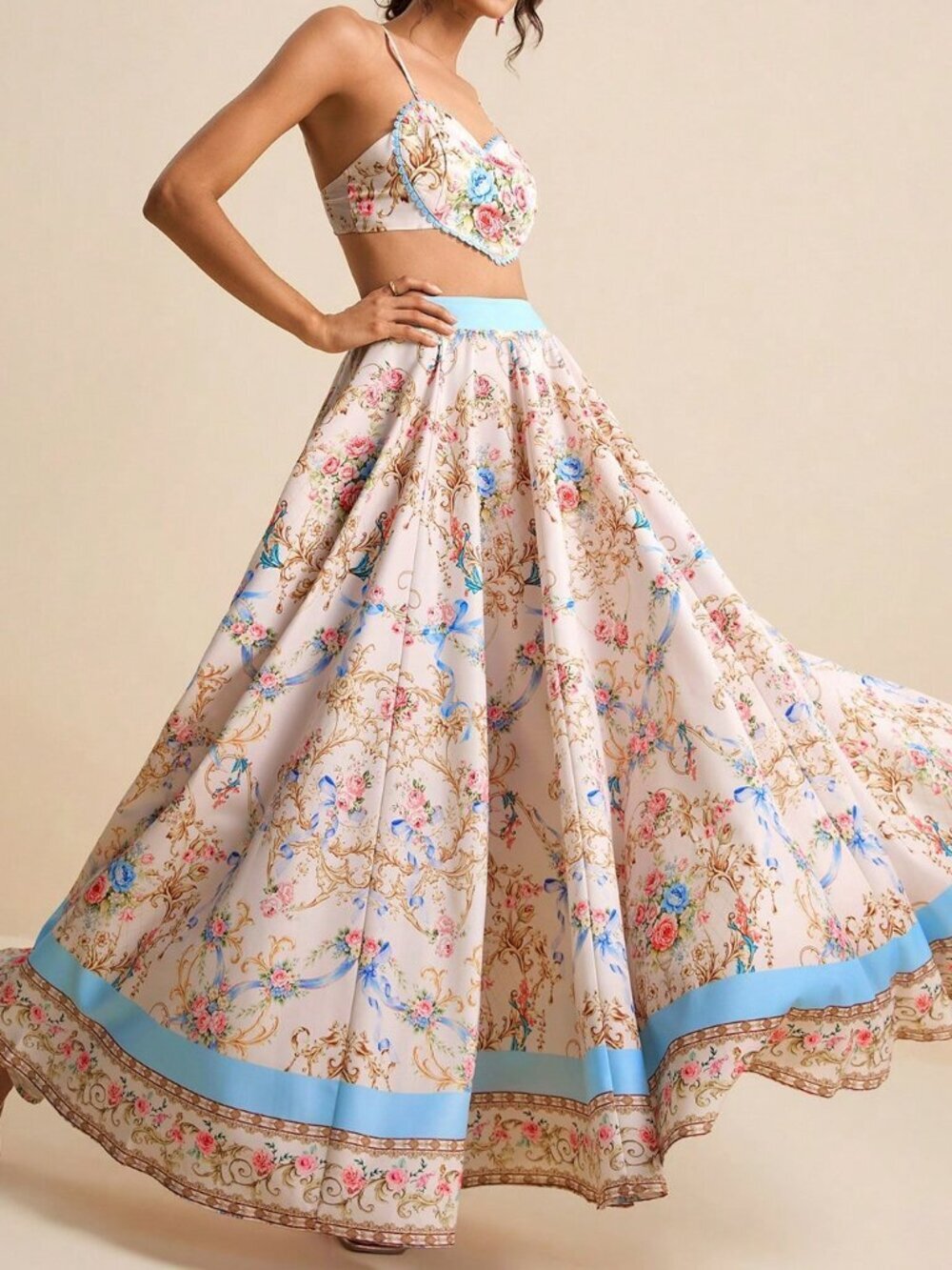 Pink Boho Women's Heart Ruffle Hem Cropped Top And Printed A-Line Mini Skirt Set - Picture 5 of 8